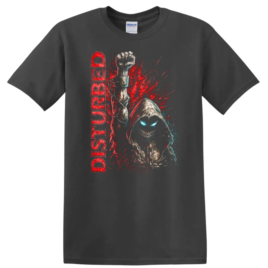 Disturbed Retro Heavy Metal Album Cover Style T Shirt for Rock Fans - Charcoal