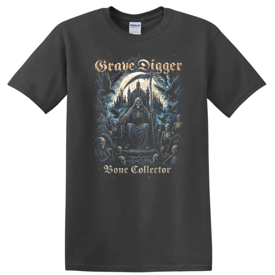 Grave Digger Gothic Skeleton Heavy Metal Band Style T Shirt - Charcoal