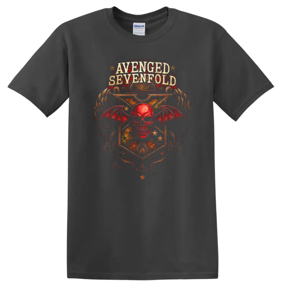 Avenged Sevenfold Retro Heavy Metal Skull Wings T Shirt on a Charcoal T Shirt