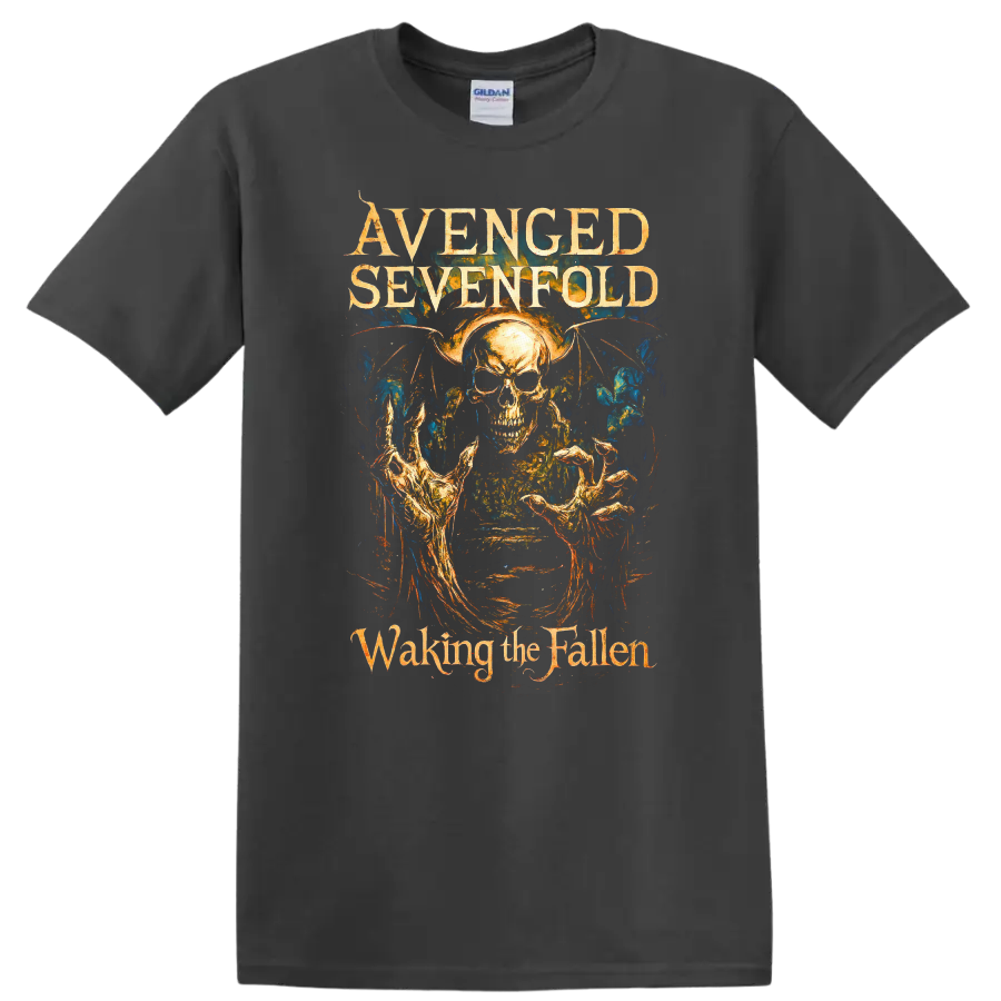 Avenged Sevenfold Waking the Fallen Retro Metal Album Art T Shirt on a Charcoal T Shirt