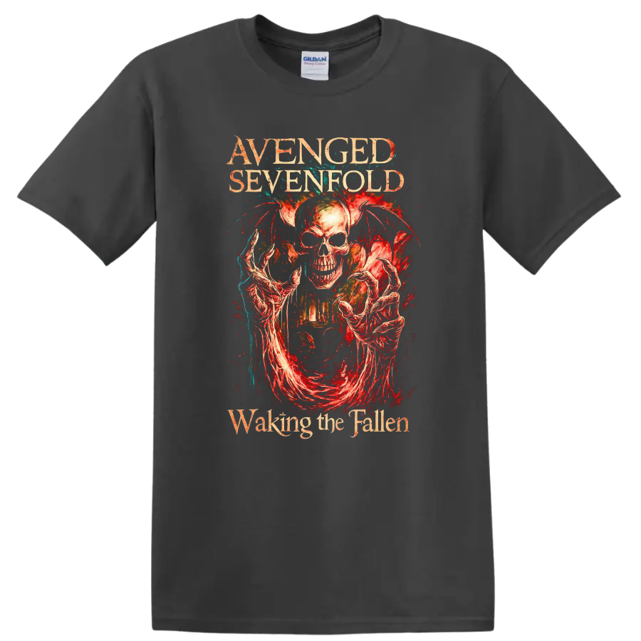 Avenged Sevenfold Retro Heavy Metal Skull Album Art T Shirt on a Charcoal T Shirt