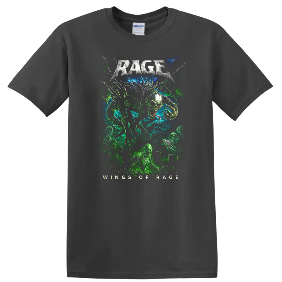 Rage Heavy Metal Album Cover Style Graphic T Shirt for Rock Fans - Charcoal