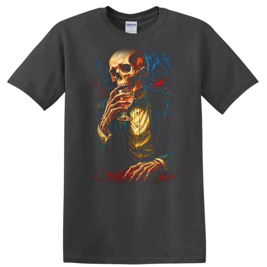 Vintage gothic skeleton in formal attire holding a drink amid blue and red painterly on a Charcoal T Shirt