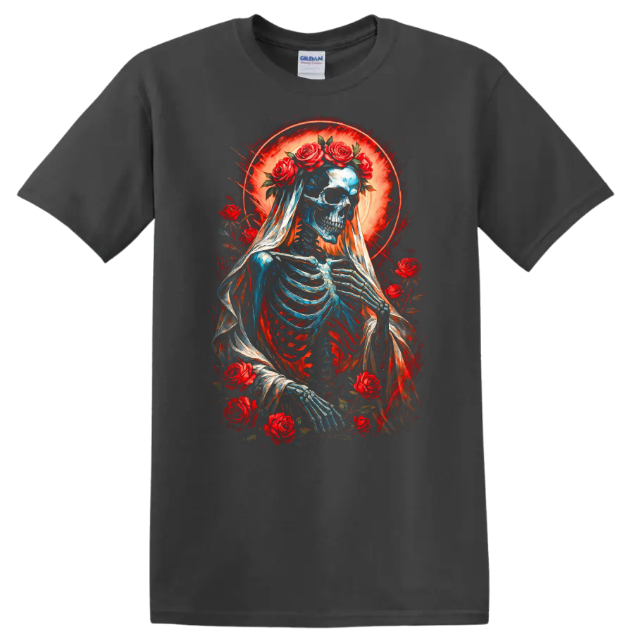 Vintage gothic skeleton bride in a veil with red roses and glowing red halo on a Charcoal T Shirt