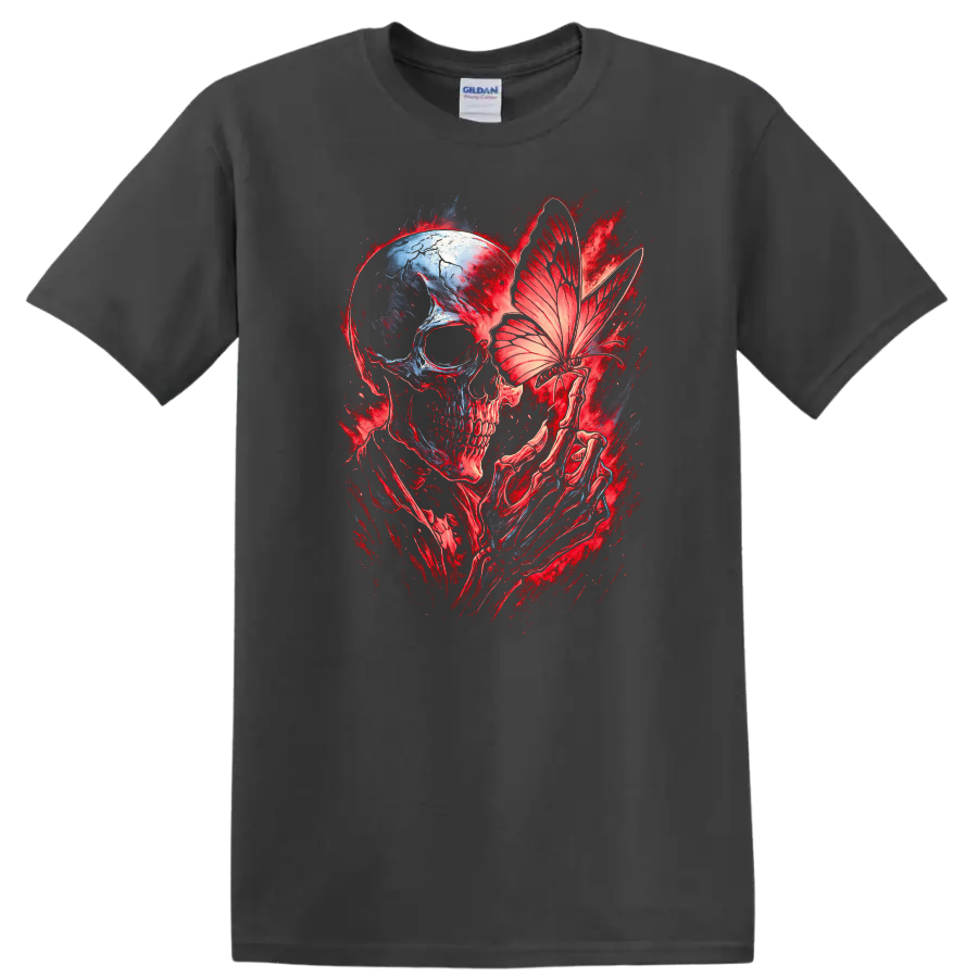 Gothic skull with skeletal hands holding a butterfly in red and blue dark art on a Charcoal T Shirt