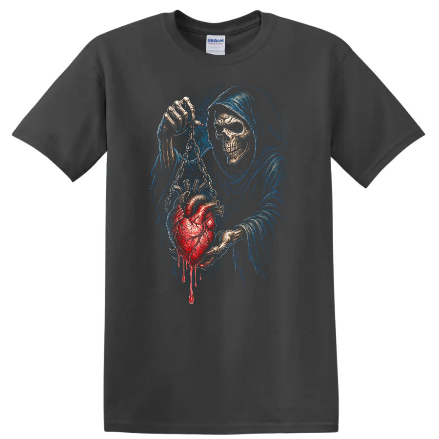 Grim Reaper skull holding a chained bleeding heart in detailed gothic horror art on a Charcoal T Shirt