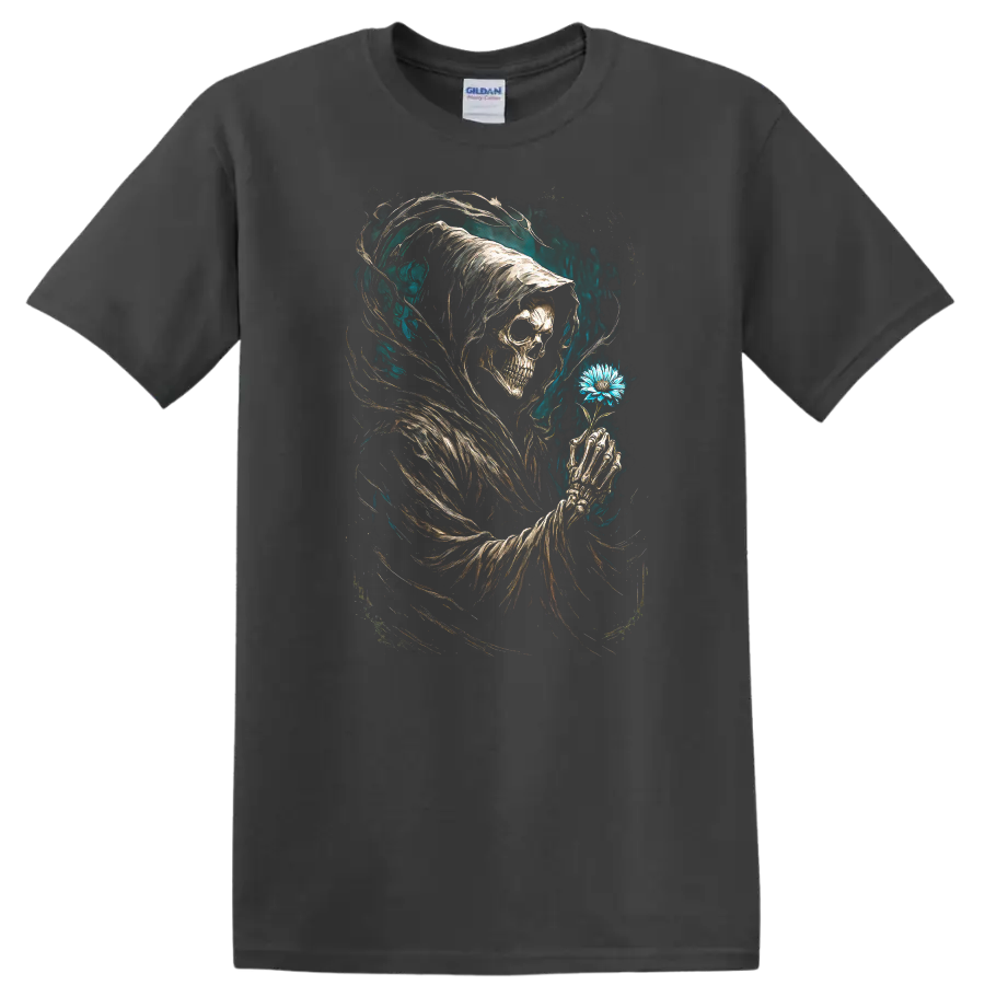 Hooded Grim Reaper skull holding blue flower in vintage gothic dark art on a Charcoal T Shirt