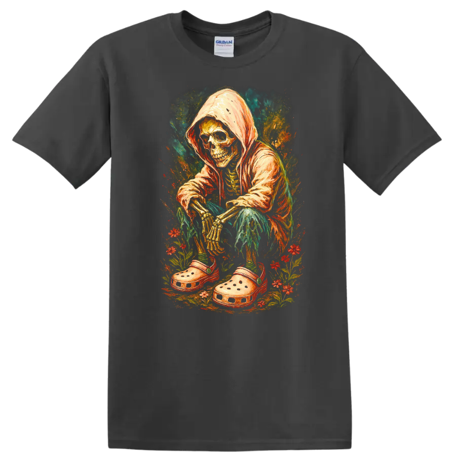 Vintage hooded skeleton in oversized clogs surrounded by colorful flowers on a Charcoal T Shirt