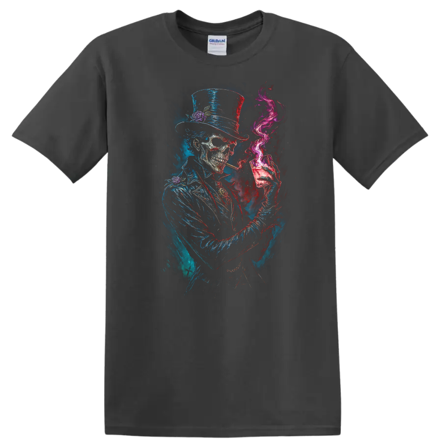 Gothic top-hat skeleton with cocktail glass, magenta smoke, and distressed skull art on a Charcoal T Shirt