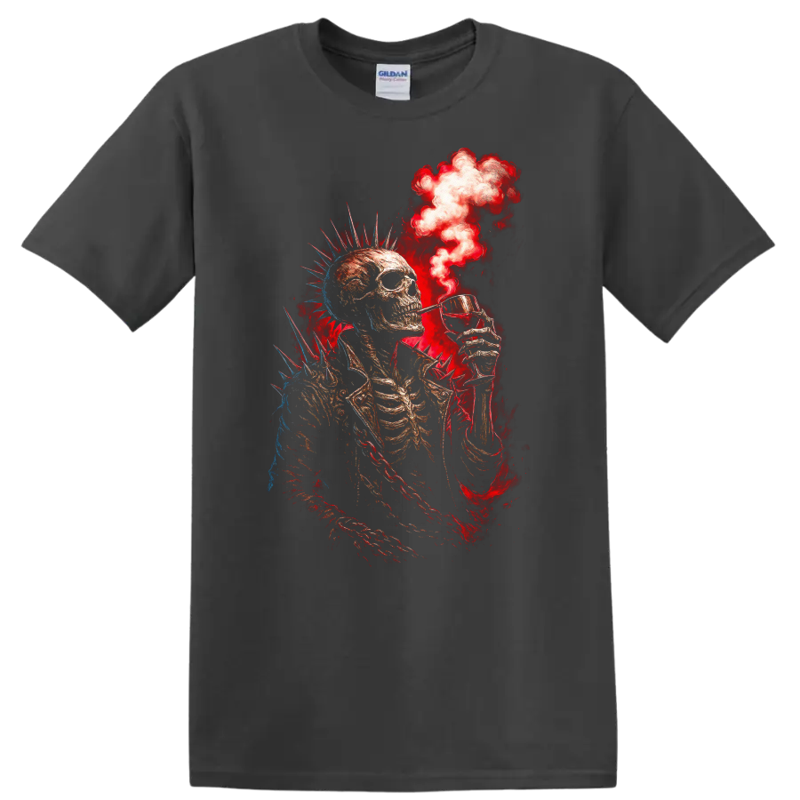 Spiked punk skeleton raising a cocktail amid red smoke in distressed gothic art on a Charcoal T Shirt