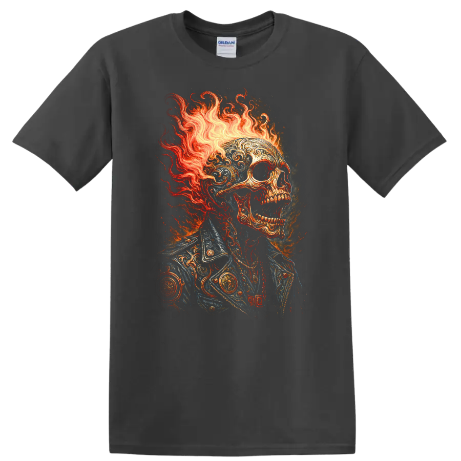 Flaming skull in ornate vintage jacket with gothic fire illustration on a Charcoal T Shirt