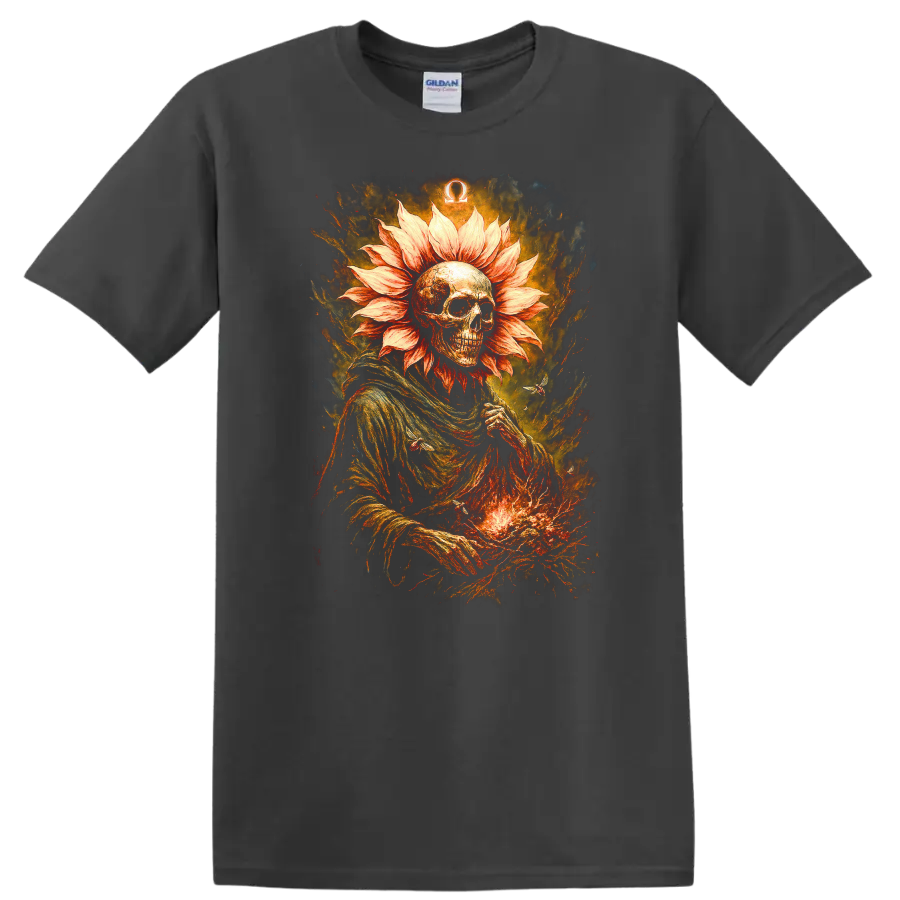Gothic skeleton with flower-petal halo, fiery textures, and Omega symbol on a Charcoal T Shirt