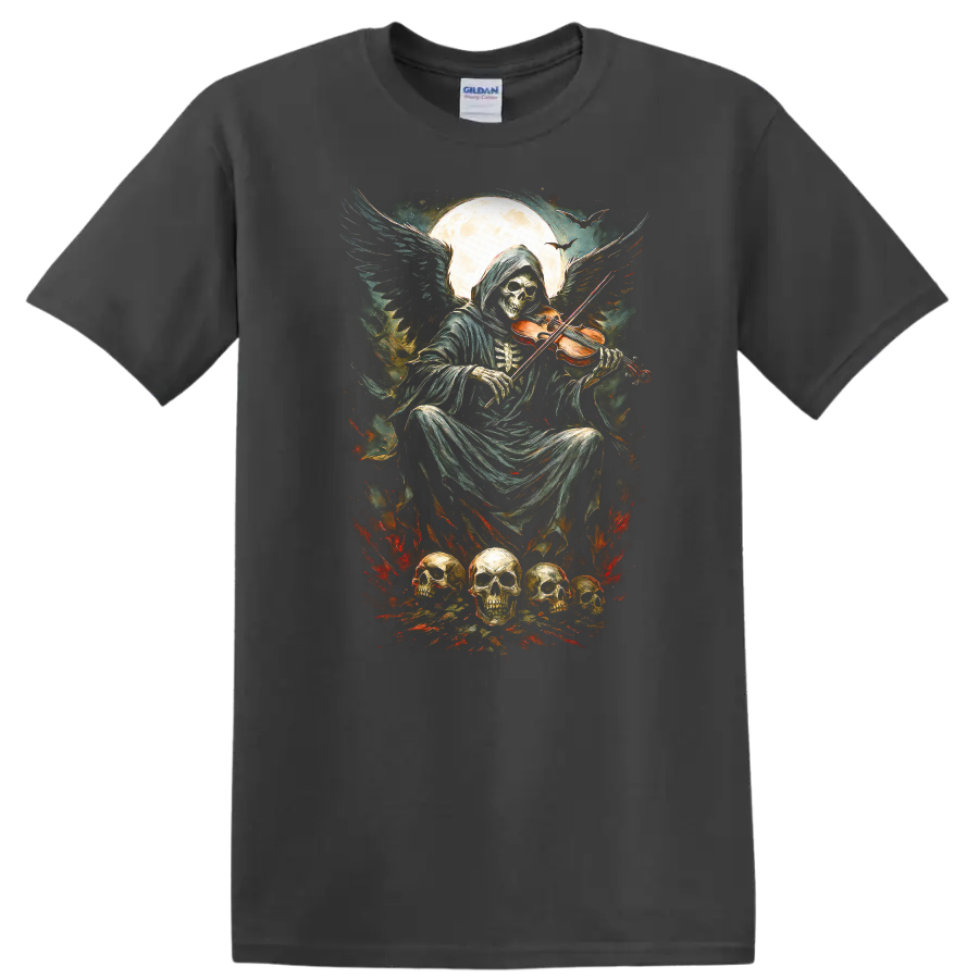 Vintage gothic Grim Reaper playing violin beneath moon with skulls and fiery accents on a Charcoal T Shirt