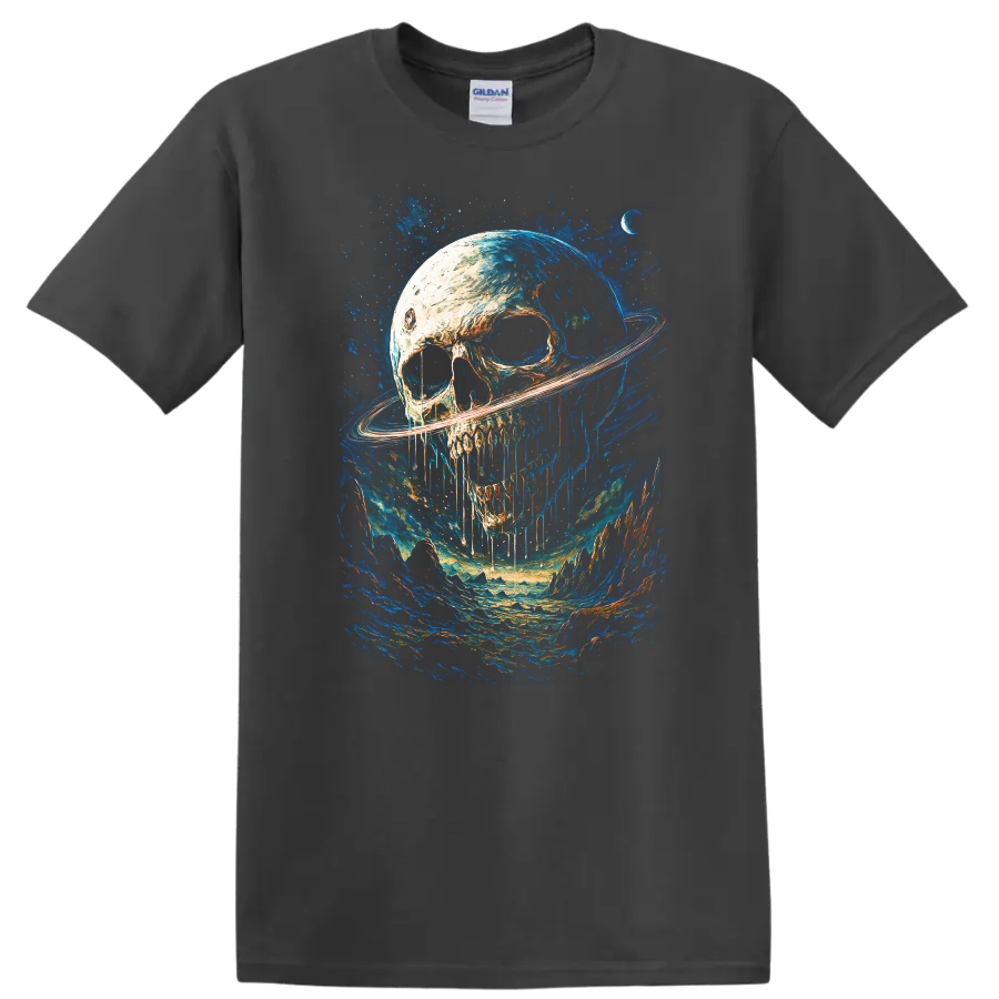 Gothic skull with Saturn-like ring in a vivid blue cosmic landscape on a Charcoal T Shirt