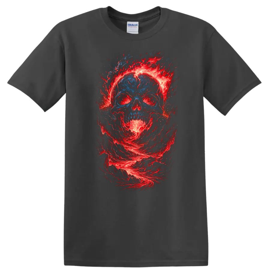Distressed blue skull surrounded by swirling red flames in gothic horror art on a Charcoal T Shirt