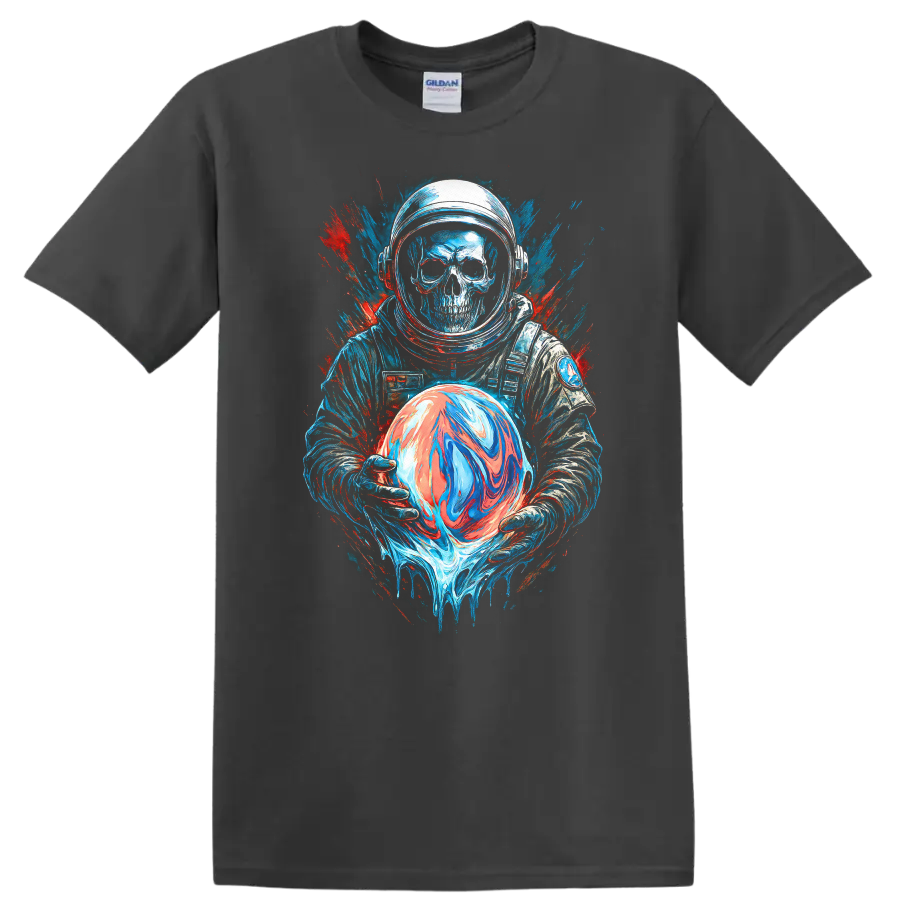 Gothic skull astronaut holding a swirling orb in neon space splatter art on a Charcoal T Shirt