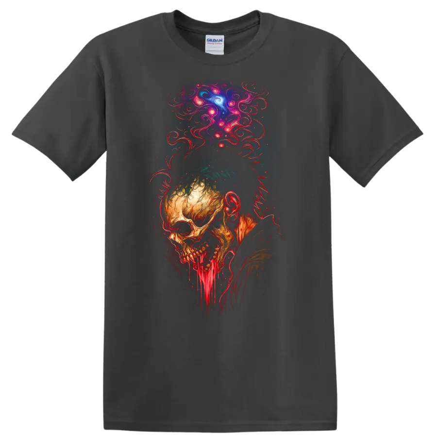 Decaying skull with dripping jaw and psychedelic cosmic smoke in gothic horror art on a Charcoal T Shirt