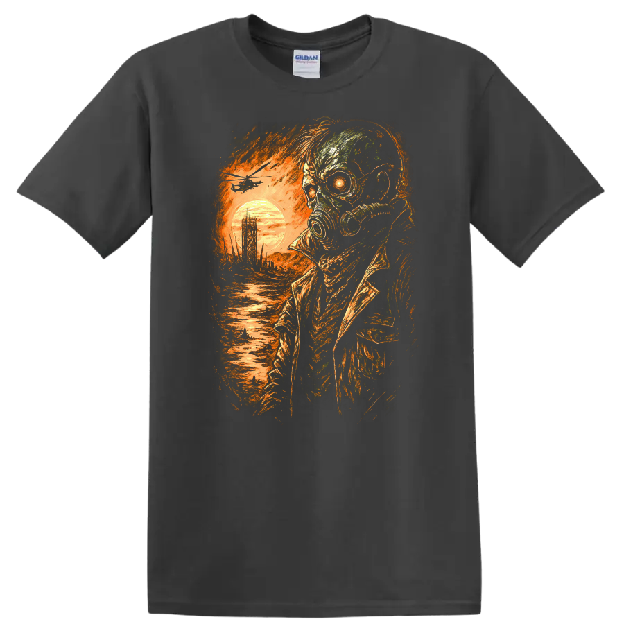 Distressed gothic gas mask skull survivor with fiery sunset and ruined landscape on a Charcoal T Shirt