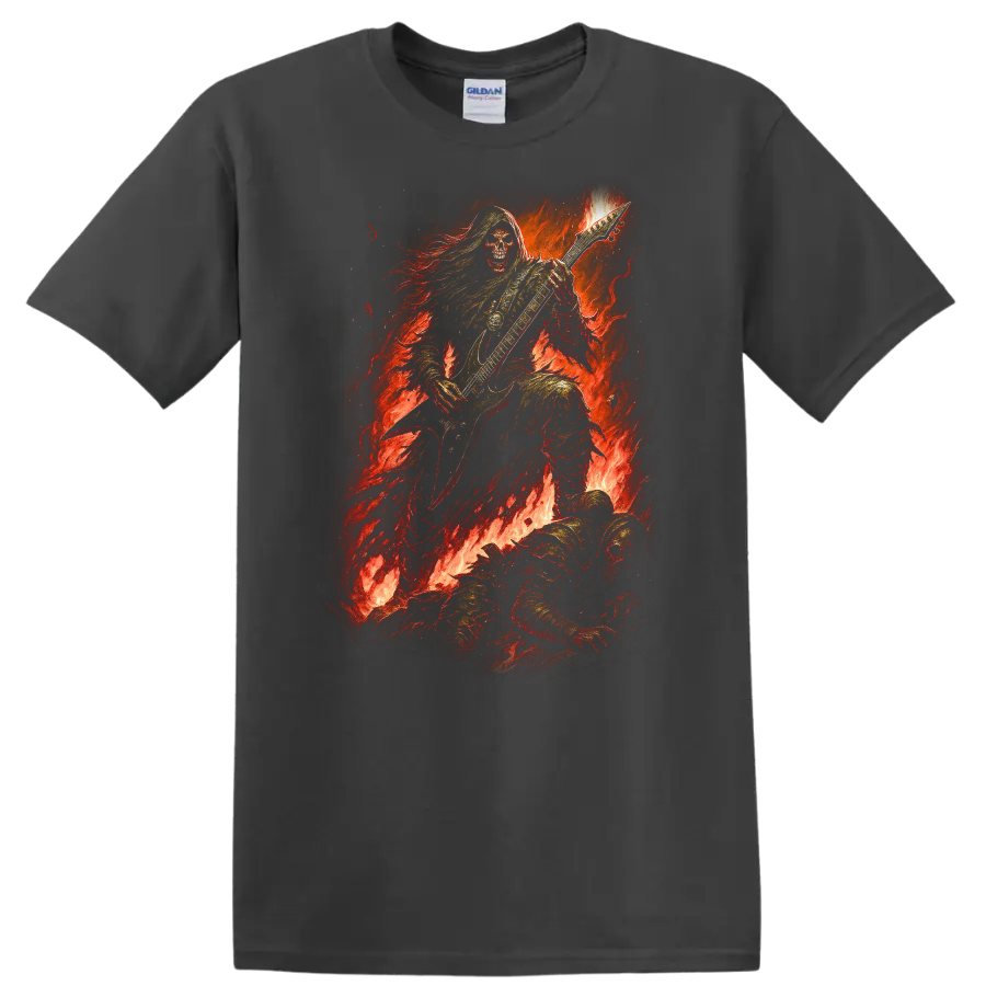 Hooded skeleton guitarist in flames, distressed vintage gothic rock artwork on a Charcoal T Shirt