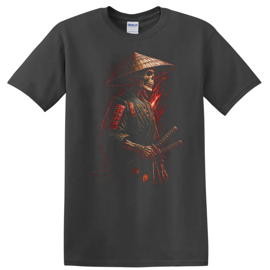 Vintage gothic samurai skeleton warrior in armor with conical hat and swords on a Charcoal T Shirt