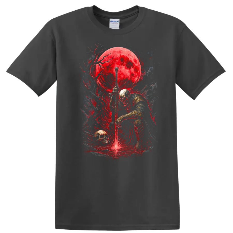 Armored skeletal knight with sword, skulls, and crimson moon in gothic fantasy art on a Charcoal T Shirt