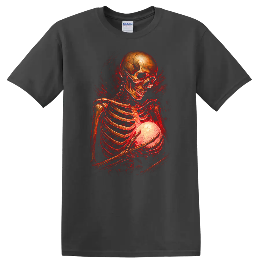 Gothic skeleton holding a glowing cracked orb in red vintage horror art on a Charcoal T Shirt
