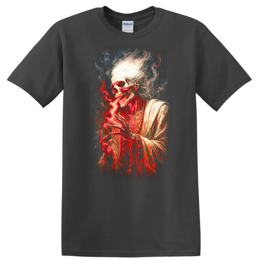 Gothic robed skeleton conjuring red flame in a detailed dark fantasy illustration on a Charcoal T Shirt