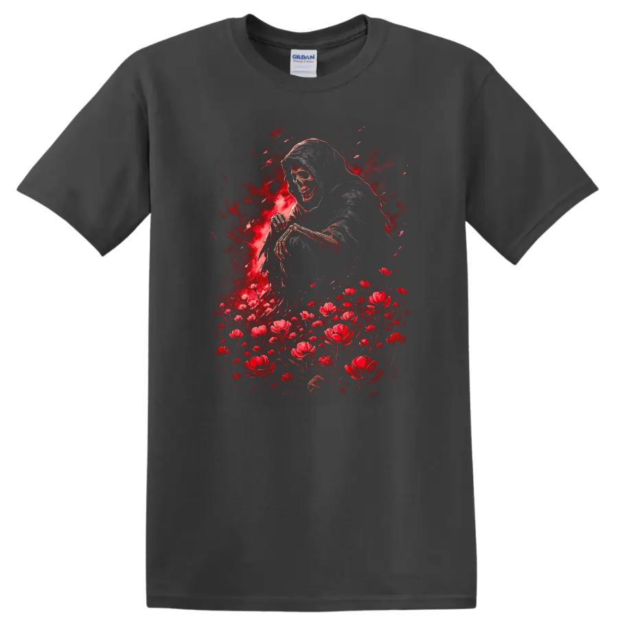 Hooded grim reaper skull with red flowers in distressed gothic illustration on a Charcoal T Shirt