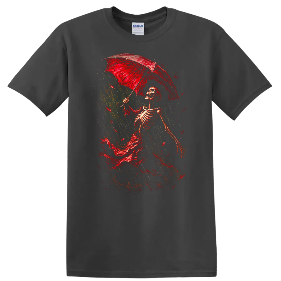 Vintage Gothic skeleton walking in rain beneath a red umbrella on a Charcoal T Shirt
