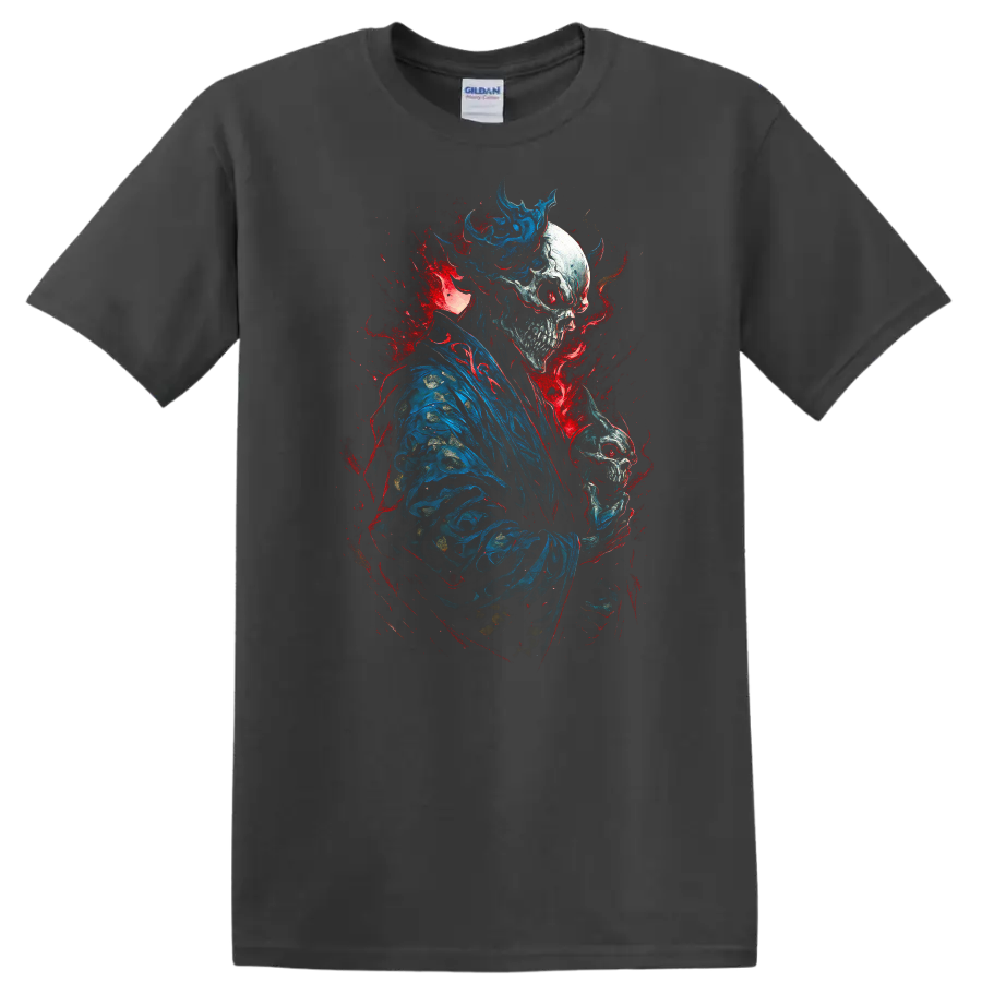 Crowned skeleton in blue robes holding a skull amid red and blue gothic splatter on a Charcoal T Shirt