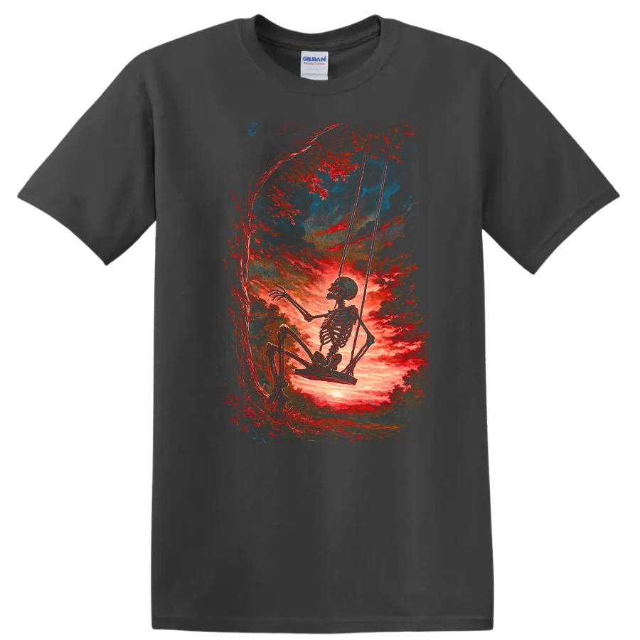 Vintage skeleton swinging beneath red trees in surreal gothic forest art on a Charcoal T Shirt