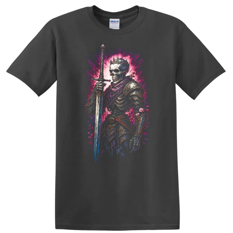 Crowned skeleton warrior with sword, ornate armor, and vivid floral gothic artwork on a Charcoal T Shirt