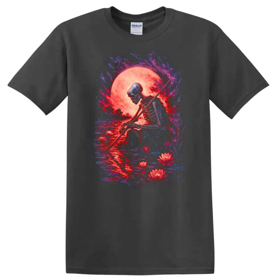Moonlit skeleton with staff, lotus flowers, reflective water, and gothic full moon art on a Charcoal T Shirt