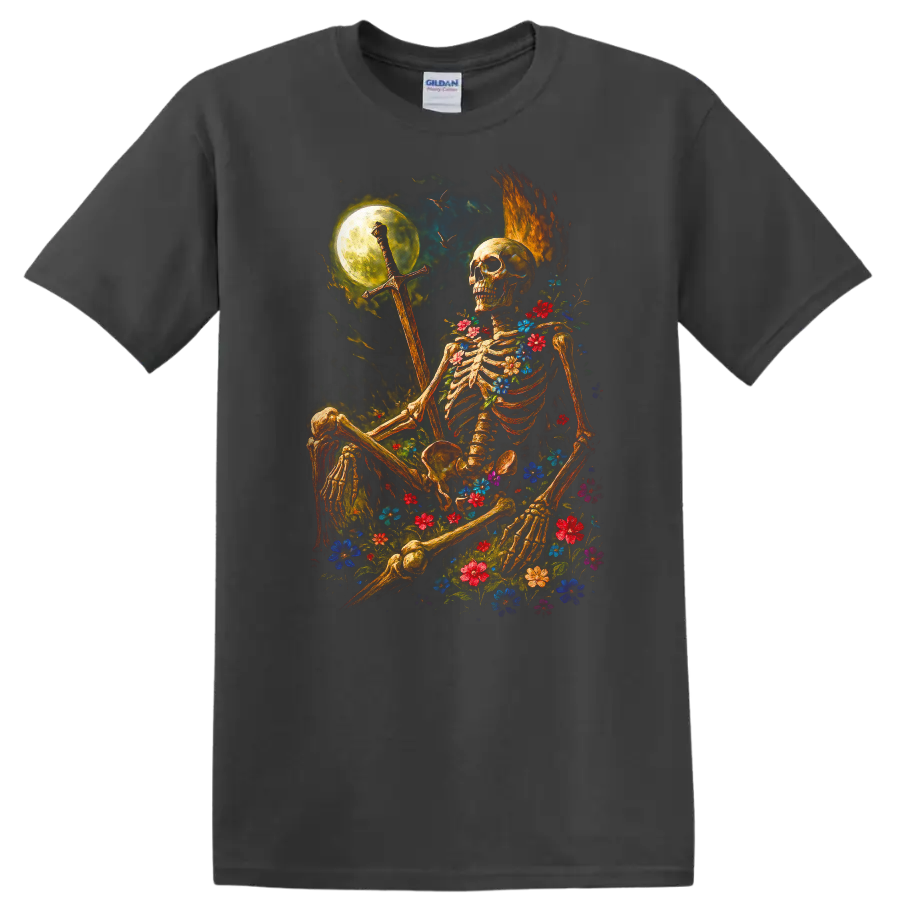 Moonlit floral skeleton holding a sword in a gothic flower-filled night scene on a Charcoal T Shirt