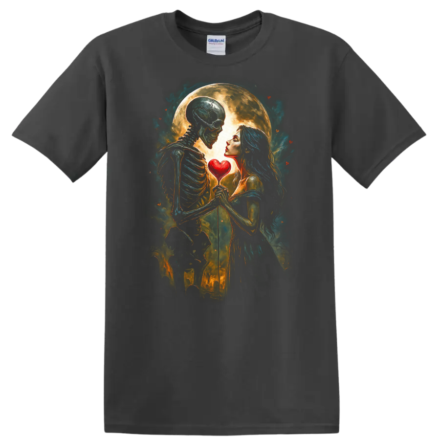 Romantic skeleton and woman holding a heart beneath a full moon in gothic art on a Charcoal T Shirt