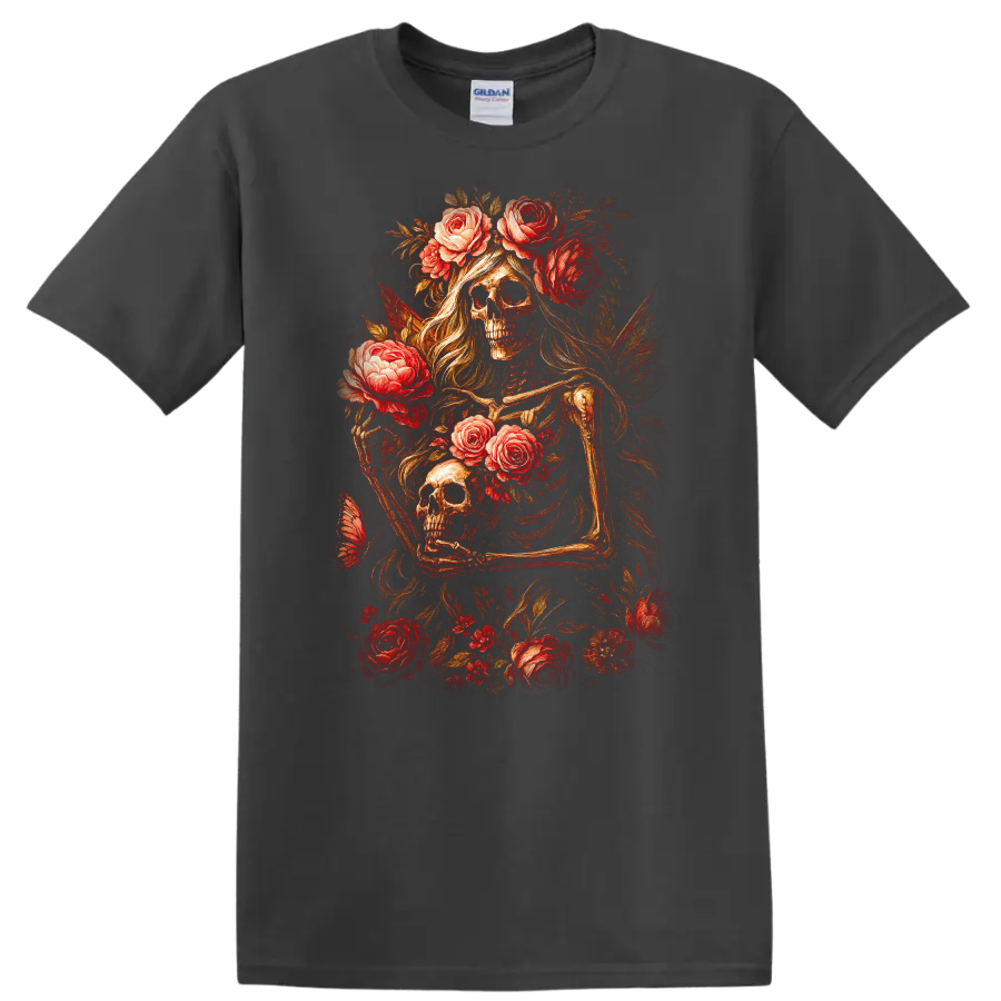 Vintage gothic skeletal figures and skulls surrounded by red roses and foliage on a Charcoal T Shirt