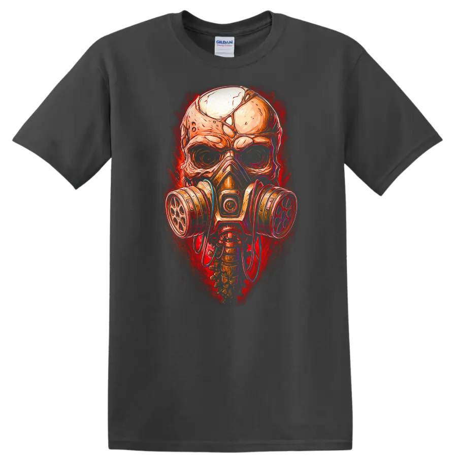 Gothic illustrated skull wearing a gas mask with distressed red horror-art backdrop on a Charcoal T Shirt