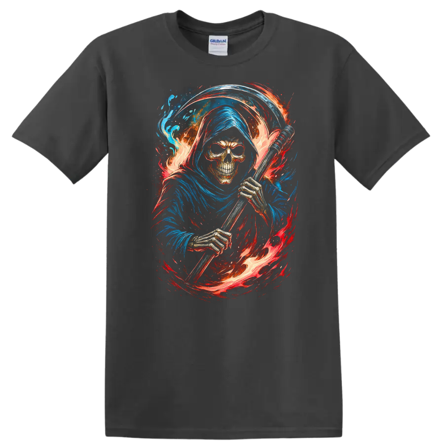 Hooded Grim Reaper skeleton with scythe, swirling flames, and blue gothic artwork on a Charcoal T Shirt