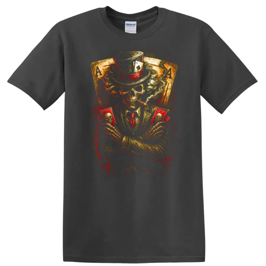 Vintage gothic skeleton poker player in top hat holding skull cards before ace cards on a Charcoal T Shirt