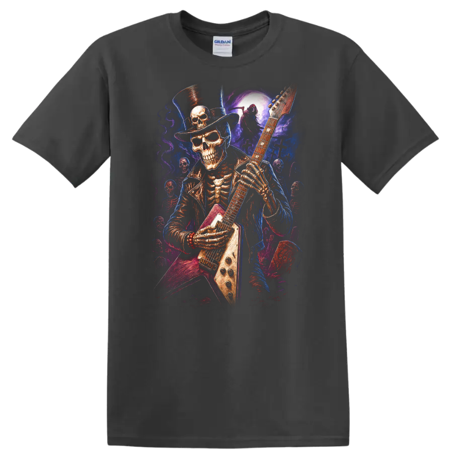 Top-hatted skeleton guitarist in vivid gothic moonlit graveyard art on a Charcoal T Shirt