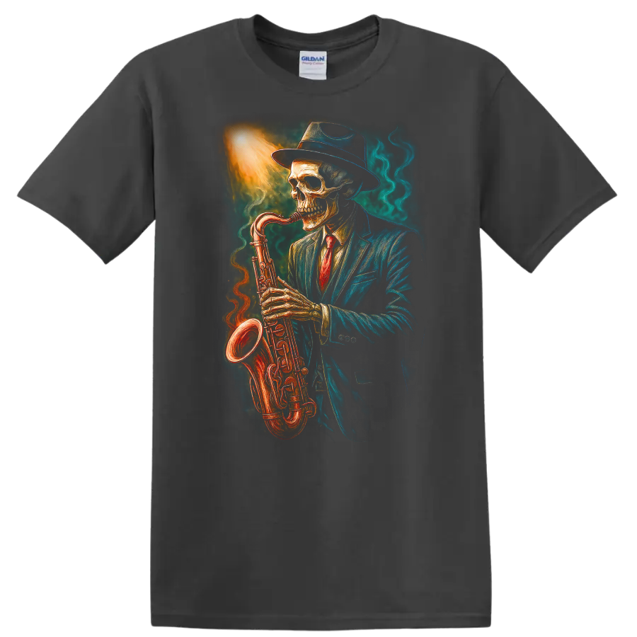 Vintage gothic skeleton in a suit and hat playing a glowing saxophone on a Charcoal T Shirt