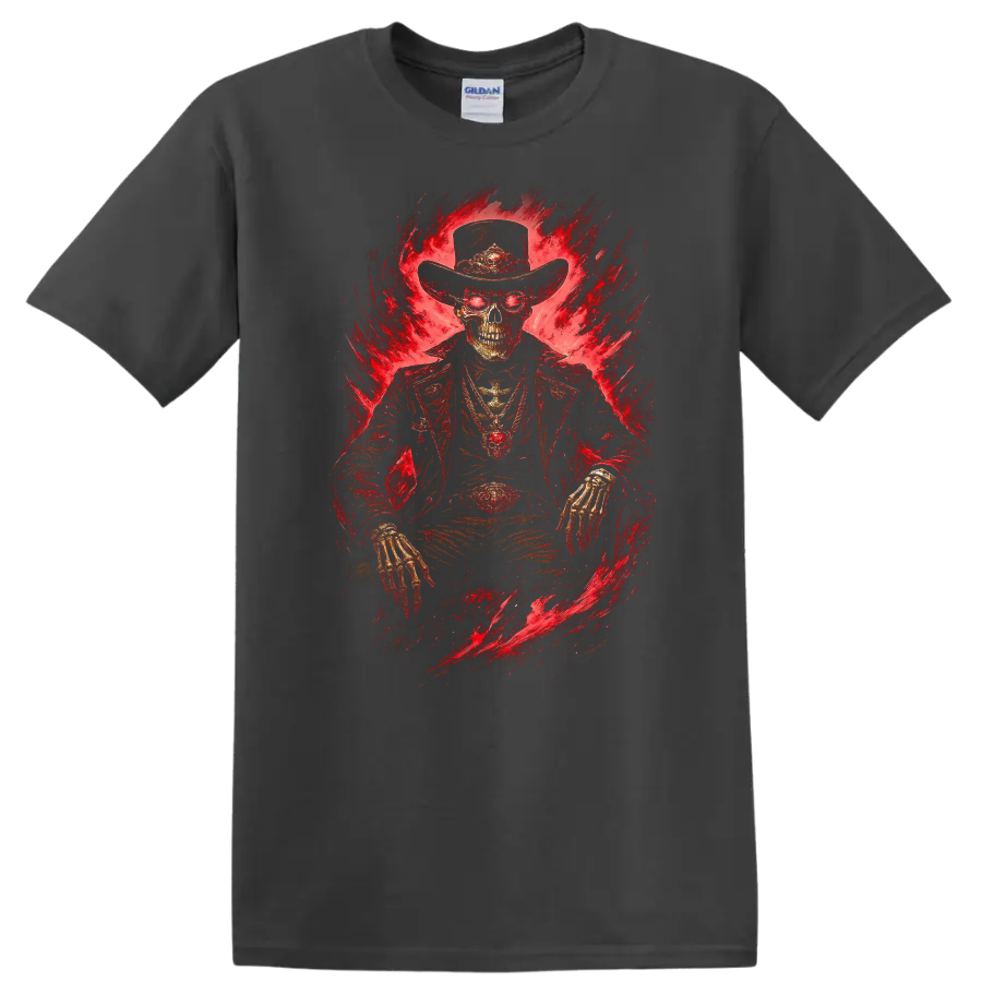 Skeleton cowboy in a wide-brim hat with fiery red gothic horror artwork on a Charcoal T Shirt