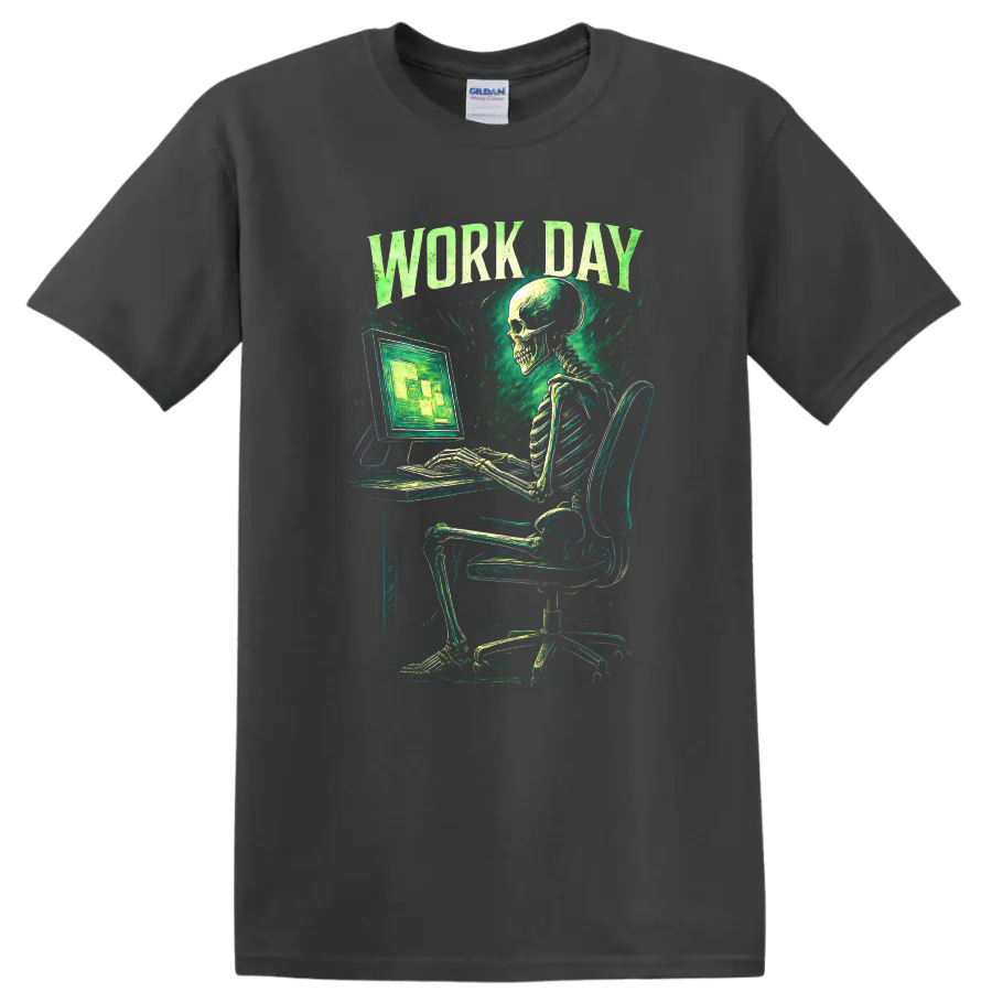 Work Day skeleton at computer in distressed vintage gothic green graphic on a Charcoal T Shirt