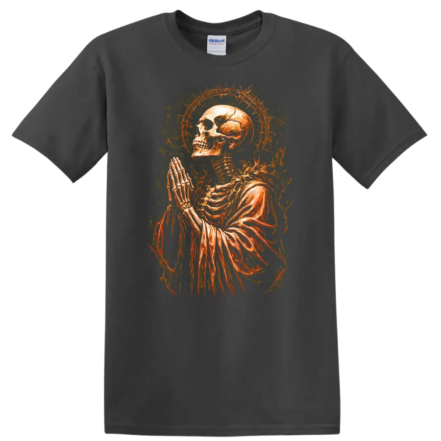 Praying skeleton skull with fiery halo in vintage gothic dark-art style on a Charcoal T Shirt