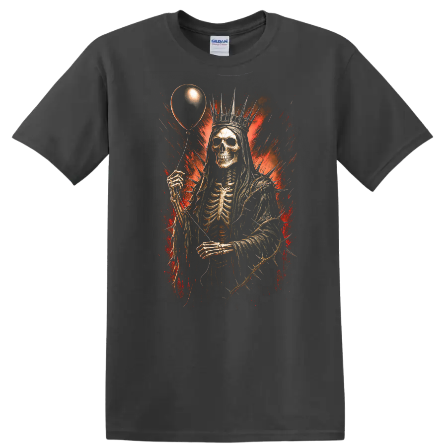 Crowned skeleton holding a balloon in distressed red and black gothic horror art on a Charcoal T Shirt