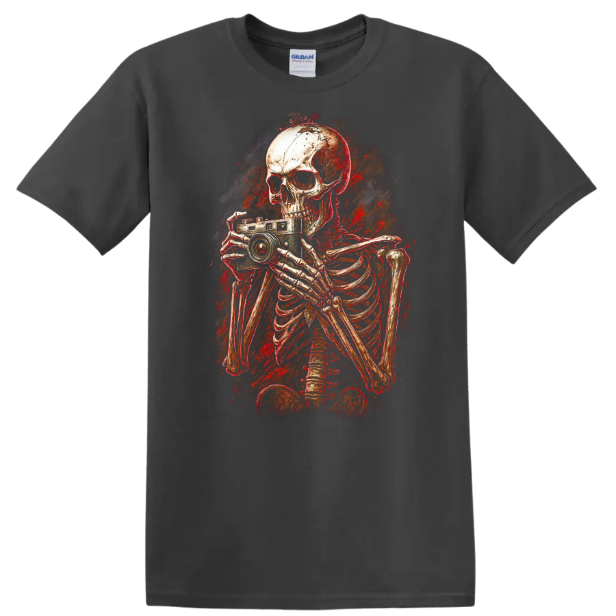 Distressed gothic skeleton photographer holding a vintage camera horror art graphic on a Charcoal T Shirt