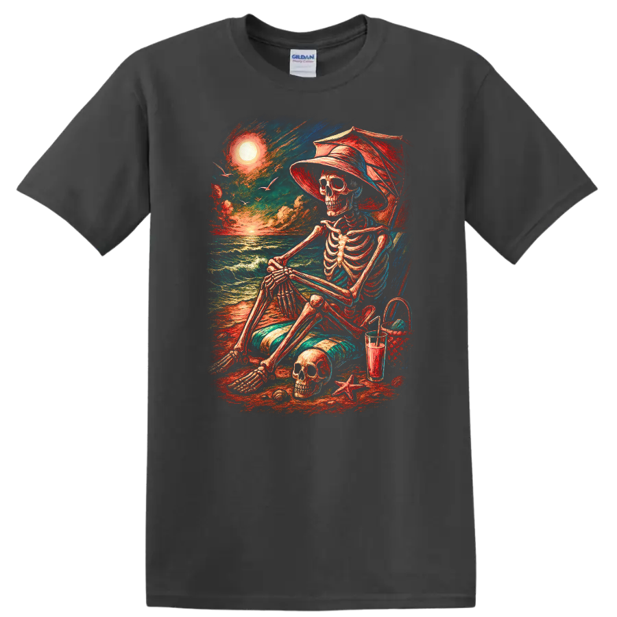 Vintage-style skeleton in beach chair with skull, ocean waves, hat, and sunset on a Charcoal T Shirt