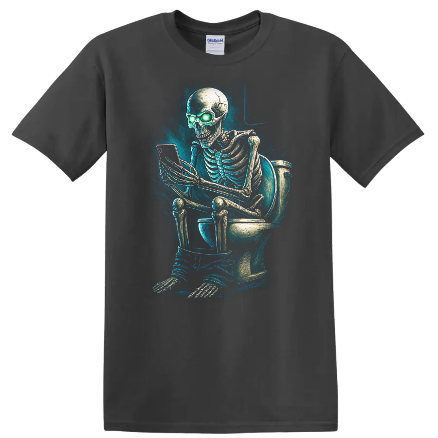 Vintage gothic skeleton on toilet using phone with glowing green eyes on a Charcoal T Shirt