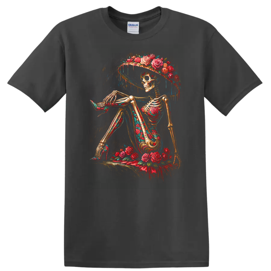 Vintage gothic skeleton in a wide-brim hat surrounded by red roses on a Charcoal T Shirt