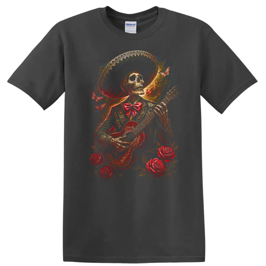 Vintage gothic skeleton guitarist with roses, butterflies, and ornate wide-brimmed hat on a Charcoal T Shirt